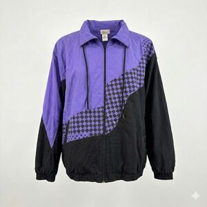 Vintage Bocoo Windbreaker Jacket Purple Black Checkered Racing 90s Retro Track